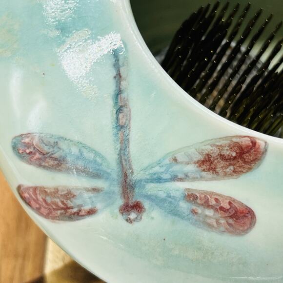 Jamie Oates Studio Pottery Ikebana Flower Frog Vase Dragonfly Celadon Artisan - Picture 4 of 12